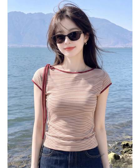 240 그램 수 슈앙 리브 95 폴리 에스터 5 암모니아 Lun 스트라이프 레이스업 작은 날다 소매 티셔츠 여성 여름 슬림해 보이는 몸매 가꾸기 맨위