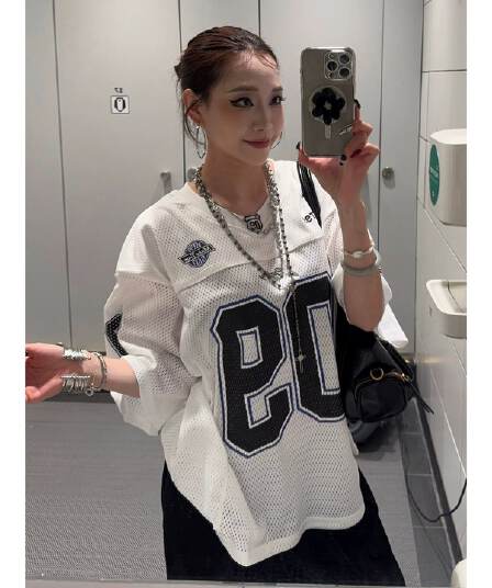 원본 것 여름 새로운 레트로 프린트 V넥 반팔 티셔츠 루즈핏 올리브 저지