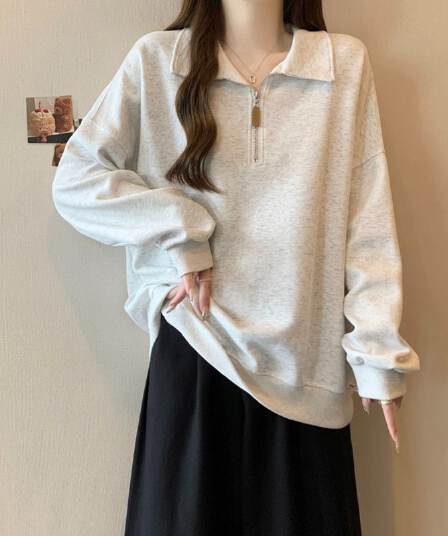 후아 면 학원 스타일 얇은 스타일 POLO 칼라 후드티 여성 봄 가을 한국 스타일 다용도 루즈핏 폴로 칼라 풀오버 맨위