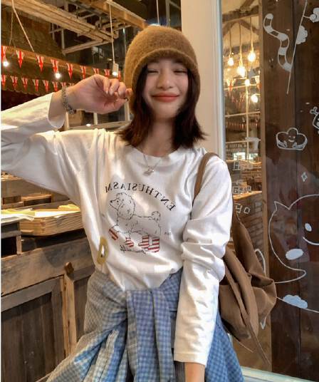21 순면 210 그램 100 면 가을 의상 긴팔 티셔츠 여성 루즈핏 맨위 프린트