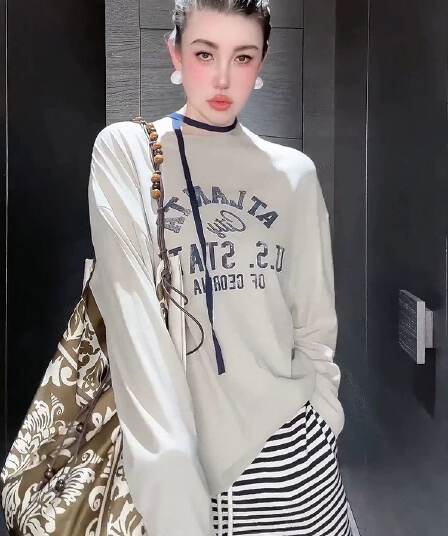 21 순면 210 그램 100 면 가을 의상 긴팔 티셔츠 여성 루즈핏 맨위 프린트