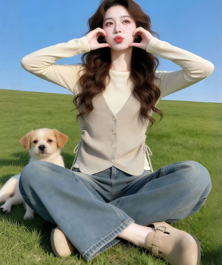레트로 배색 페이크 레이어드 니트 기본 셔츠 여성 봄 가을 유럽 상품 디자인 센스 펌프 로프 허리 수축 긴팔 아름다운 맨위