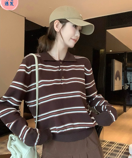 프랑스식 이른 가을 레트로 스트라이프 연령 감소 POLO 칼라 긴팔 니트 스웨터 느긋한 느슨함 센스 예쁜 스웨터 여성 셔츠