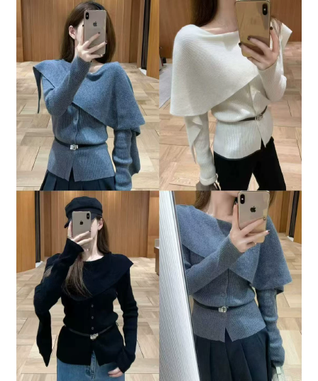 있음 선적 가을 겨울 페이크 레이어드 한국 스타일 디자인 센스 불규칙 숄 망토 양모 니트 스웨터 여성