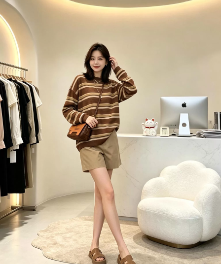 슈퍼 거대한 광장 점잖은 맨위 여성 이른 가을 오래된 돈 바람 스트라이프 배색 자외선 차단 긴팔 블라우스 스웨터 트렌디