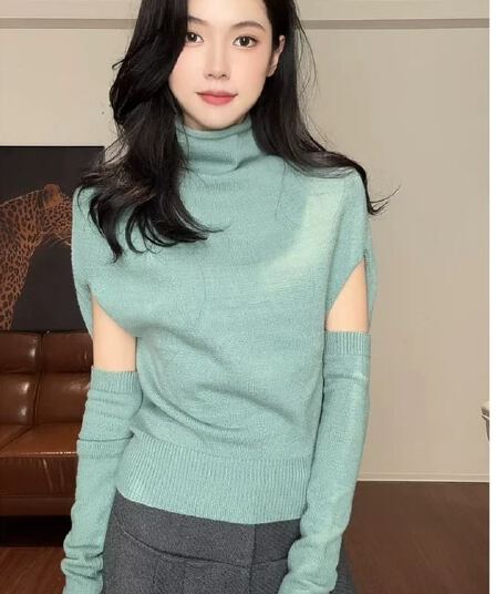 한 부서 박하 녹색 반하이넥 배트윙 소매 니트 스웨터 여성 가을 겨울 디자인 센스 느긋한 스웨터 인사이드 가져 가라. 만나는 맨위