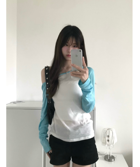 165 그램 실크 미끄러짐 눈꽃 면 65 면 35 폴리 에스터 패치워크 배색 티셔츠 여성 가을 얇은 스타일 마이크로 ~을 통해 긴팔 비스듬한 어깨 의류