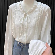 批发法式花边领系带白色<b class='q'>衬衫</b>女春秋新款高级感温柔风气质别致长袖上衣