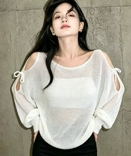 프랑스식 패션 홀로우 아웃 오프숄더 스트랩 긴팔 니트 스웨터 여성 이른 가을 새로운 루즈핏 자외선 차단 블라우스 얇은 스타일 맨위