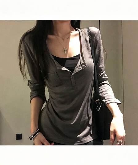 260 그램 사람들 면 대나무 마디 93 접착제 7 암모니아 Lun 헨리 칼라 긴팔 티셔츠 여성 가을 몸매 가꾸기 기본 셔츠 맨위