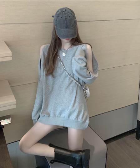 6535 물고기 규모 봄 가을 긴팔 오프숄더 지퍼 후드티 여성 루즈핏 한국 스타일 2026 새로운 여성 의류 대행 발송
