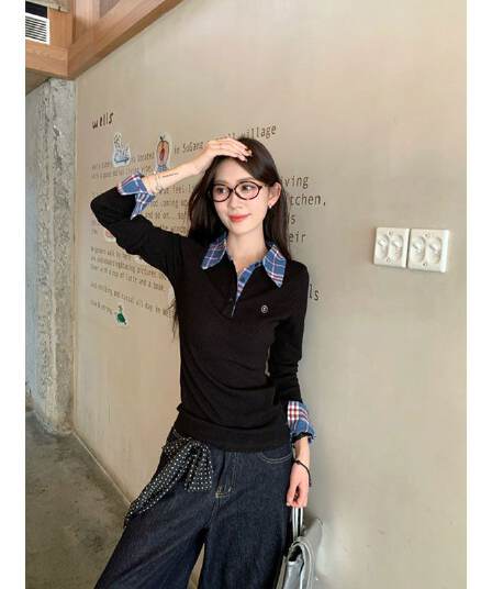 원본 원단 작은 대중 페이크 레이어드 배색 POLO 칼라 긴팔 티셔츠 여성 이른 가을 몸매 가꾸기 슬림해 보이는 맨위