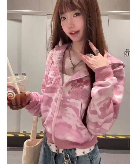 350 그램 후아 면 복잡한 우유 높은 품질 달콤한 차가운 바람 카모플라주 후드 재킷 지퍼 오픈 가디건