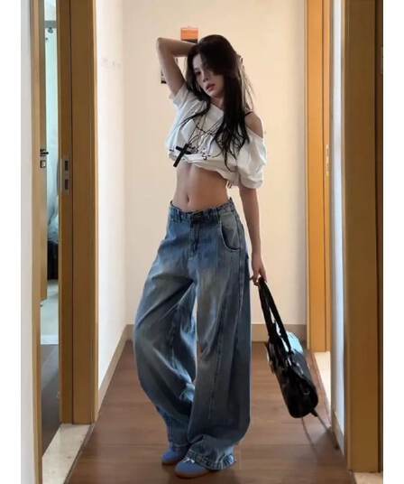 아메리칸 레트로 워싱 하이웨이스트 모통이 칼 청바지 여성 봄 여름 새로운 디자인 센스 루즈핏 슬림해 보이는 넓은 다리 바닥 청소 바지