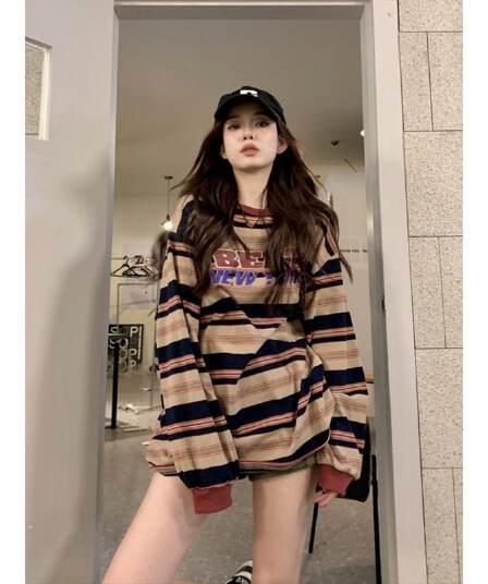 원본 품질 가을 맨위 라운드 넥 알파벳 프린트 스트라이프 싸움 풀오버 티셔츠