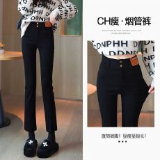 批发黑色打底<b class='q'>裤</b>女春秋高腰窄版法棍<b class='q'>裤</b>显瘦开叉直筒烟管<b class='q'>裤</b>子