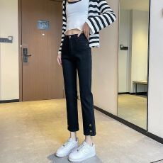 批发春秋季烟管<b class='q'>裤</b>女仿牛仔高腰宽松弹力小个子开叉不规则
