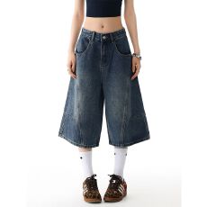批发美式复古水洗阔腿七分牛仔<b class='q'>裤</b>女薄款2026夏季新款低腰宽松直筒中<b class='q'>裤</b>