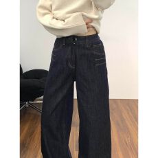 批发深蓝色宽松直筒牛仔<b class='q'>裤</b>女春夏潮流新款美式复古高腰显瘦阔腿<b class='q'>裤</b>