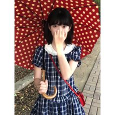 批发夏季新款<b class='q'>甜美</b><b class='q'>日系</b>减龄少女感蕾丝花边娃娃领格子泡泡短袖连衣裙