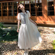 批发法式镂空短袖<b class='q'>白色</b>连衣裙子2026新款气质绝美重工收腰显瘦<b class='q'>长裙</b>