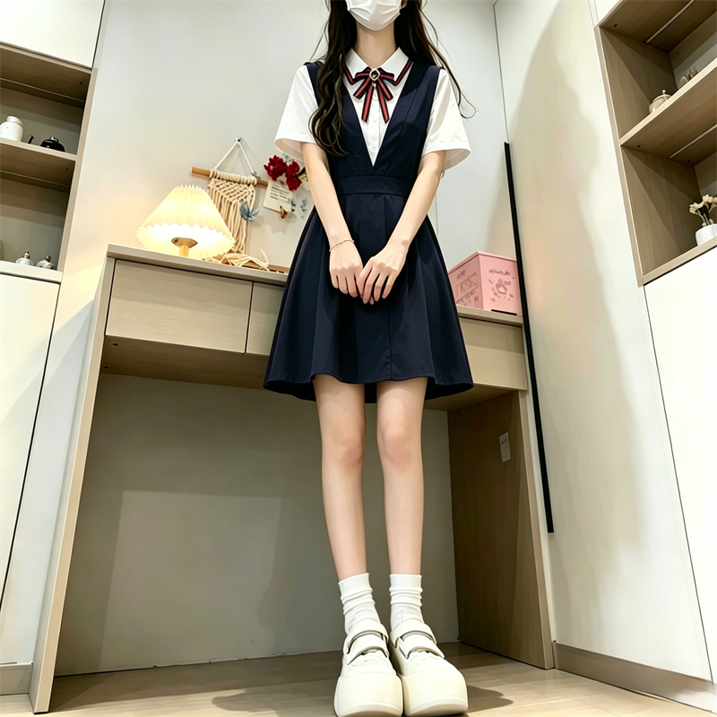 여름 새로운 학원 스타일 페이크 레이어드 반팔 드레스 보내기 나비 넥타이