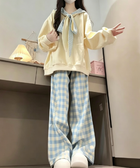 새로운 달콤함 체크무늬 나비 매듭 스트랩 디자인 센스 루즈핏 느긋한 후드 티 스웨터