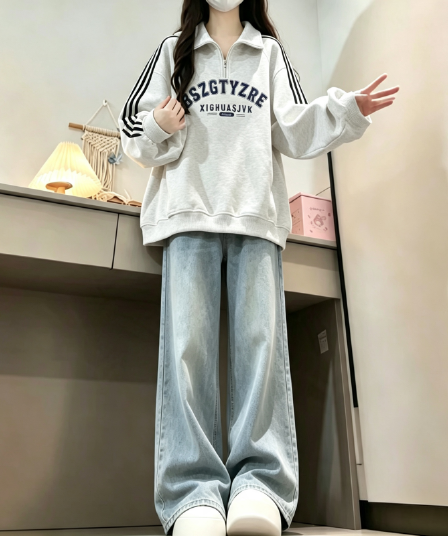 새로운 학원 스타일 아메리칸 3개 바 POLO 칼라 하프 지퍼 후드티