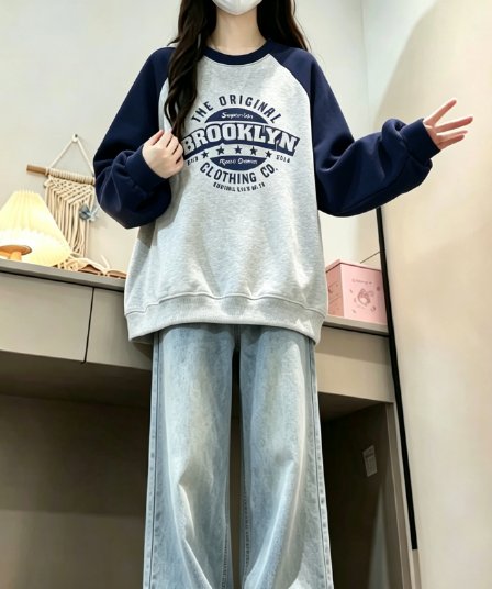 새로운 학원 스타일 아메리칸 배색 삽입 어깨 라운드 넥 루즈핏 후드티