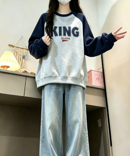 새로운 학원 스타일 아메리칸 배색 삽입 어깨 라운드 넥 루즈핏 후드티