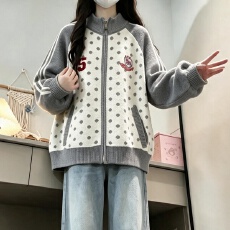 批发秋<b class='q'>冬</b>新款美式学院两条杠复古波点刺绣宽松拼接插肩袖百搭毛衣外套