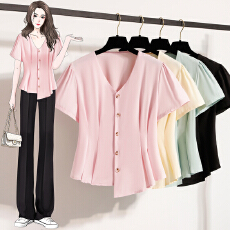 批发法式V领不规则正肩<b class='q'>短袖</b>衬衫<b class='q'>女</b>夏季遮肚子显瘦上衣