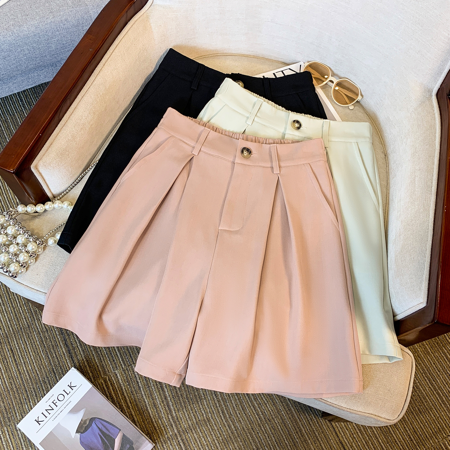 RY4037# 高腰a字西装短裤女夏季外穿宽松显瘦阔腿裤五分裤