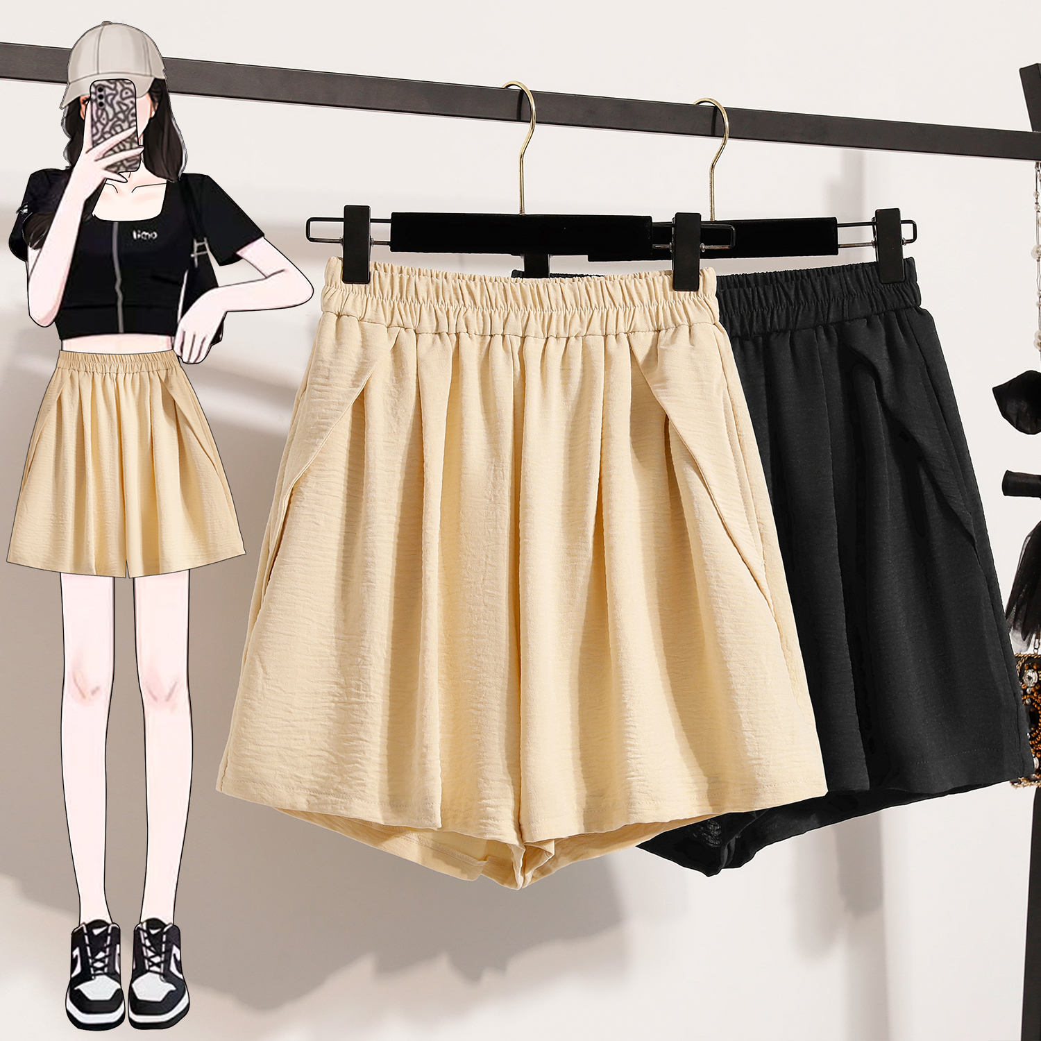 RY4038# 女夏季休闲宽松肌理感高腰显瘦冰丝透气a字阔腿短裤