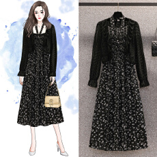 批发<b class='q'>大码</b>茶歇法式黑色吊带碎花连衣裙子女夏季法式气质长裙