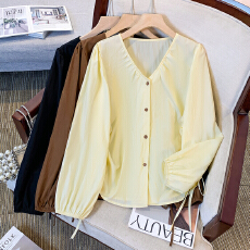 批发胖mm<b class='q'>秋装</b>法式显瘦v领衬衫褶皱抽绳长袖别致上衣