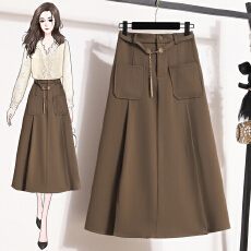 批发西装复古半身裙中长款女链条高腰时尚A字百褶伞裙