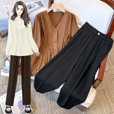 批发66368实拍设计感V领长袖衬衫女大码+66552西装九分<b class='q'>小脚裤</b>