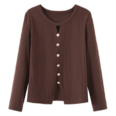 批发秋<b class='q'>冬</b>季韩版法式圆领镂空单排扣开衩下摆针织长袖上衣女