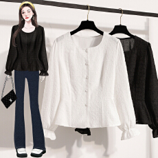 批发秋季法式小众设计感优雅圆领上衣新款单排扣提花收腰显瘦<b class='q'>大码</b>衬衫