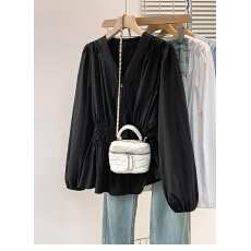 批发法式v领<b class='q'>长袖</b>衬衫女胖mm显瘦宽松褶皱荷叶边上衣