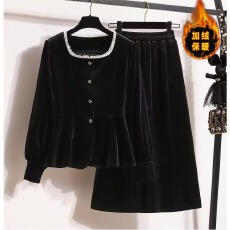 批发实拍法式方领长袖加绒金丝绒蕾丝拼接上衣+金丝绒松紧腰半身裙