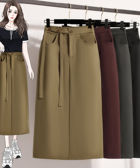 패션 정장 스트레이트 치마 새로운 한 마디 하이웨이스트 다용도 트임 레이스업 반신 스커트 여성