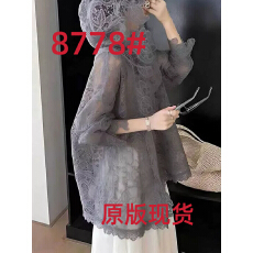 批发法式浪漫灰色蕾丝钩花防晒衬衫女新款洋气微透设计显瘦连帽上衣夏