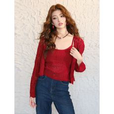 批发氛围感红色针织<b class='q'>开衫</b>吊带两件套薄款<b class='q'>镂空</b>韩系短款连帽毛衣女