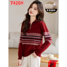批发半拉链新<b class='q'>春</b>本命年羊毛针织红色系毛衣复古提花高级感内搭毛针织衫