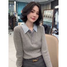 气质假两件拼接撞色翻领长袖针织衫2025早秋新款轻奢舒适通勤上衣