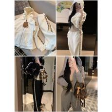 批发25新老花字母织带拼接休闲<b class='q'>丝绒</b><b class='q'>套装</b>连帽拉链外套+阔腿裤两件显瘦