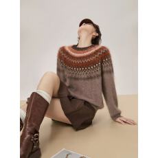 批发驼色费尔岛提花拉绒马海毛圆领针织衫女2025新款<b class='q'>冬</b>季打底内搭毛衣