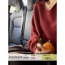 批发MISSMARM 韩系红色v领<b class='q'>毛衣</b>女秋冬慵懒宽松棉羊毛针织翻领套头上衣